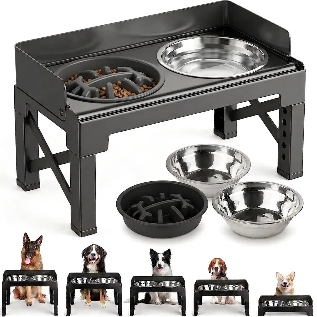 Comedouro Bebedouro para cachorro caes pets elevado Duplo inox tijela antiderrapante com regulavel com aço inoxidável para buldogue com ajuste de altura suporte 8cm 31cm com Proteção contra respingos