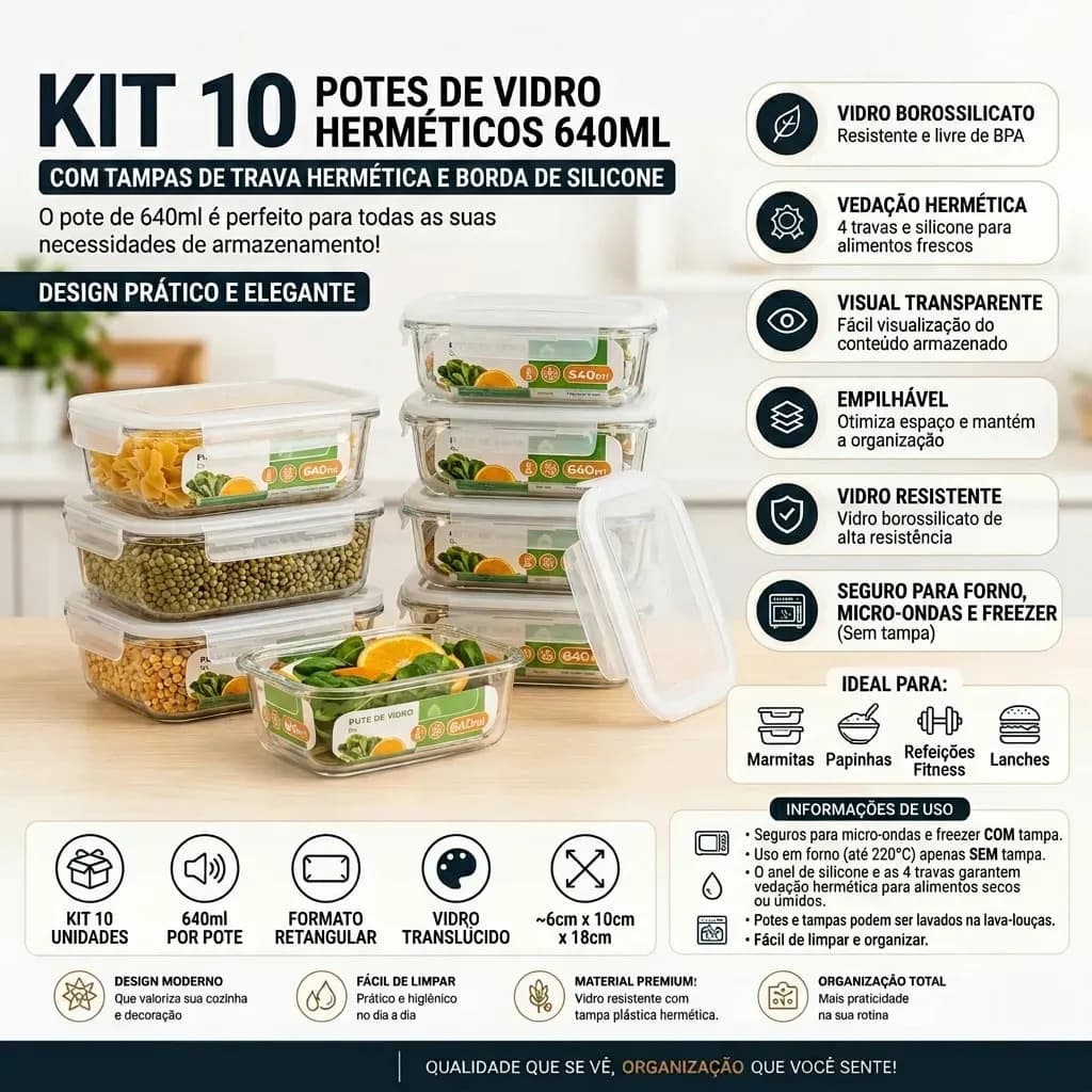 Kit 10 Potes Herméticos De Vidro 640ml Haushop Tampa Vedação Firme Para Geladeira E Despensa Organização Da Cozinha