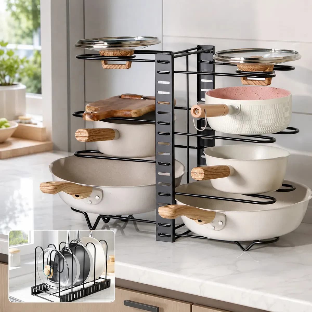 Organizador de Panelas e Tampas Ajustável 8 Níveis, Suporte Vertical ou Horizontal para Armário e Bancada, Metal Preto 48x20,5x38cm