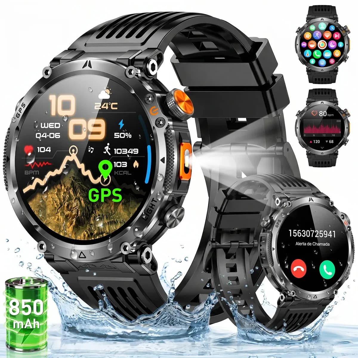Relógio Inteligente Smartwatch Gps Autônomo IP68 3ATM À prova d'água 850mAh Preto NOVANTE Digital Feminino Masculino Esportivo Android IOS Notificações Instantâneas Bluetooth Chamadas Lanterna Bússola