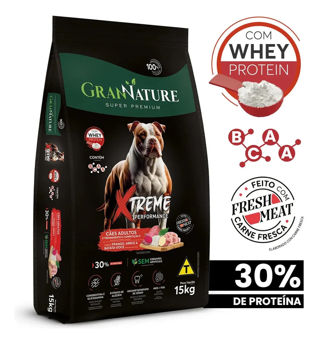 Ração Whey Protein Grannature Xtreme Alta Performance 30% Proteína para Cães Adultos raças Médio E Grande Porte - Alimento Seco Sabor Frango Super Premium Com Bcaa Sem Corantes Saúde Articular 15kg