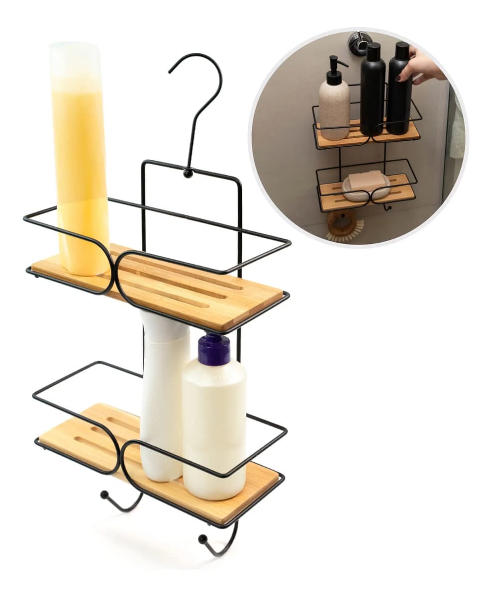 Porta Shampoo Organizador Banheiro Com Ganchos Ferro E Bambu