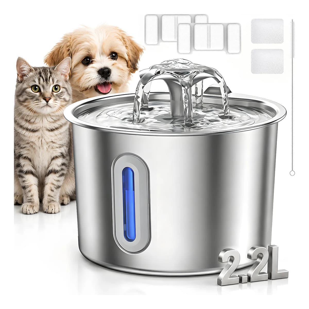 Bebedouro Automático Inox 2,2l Com Filtro Para Gatos E Cães
