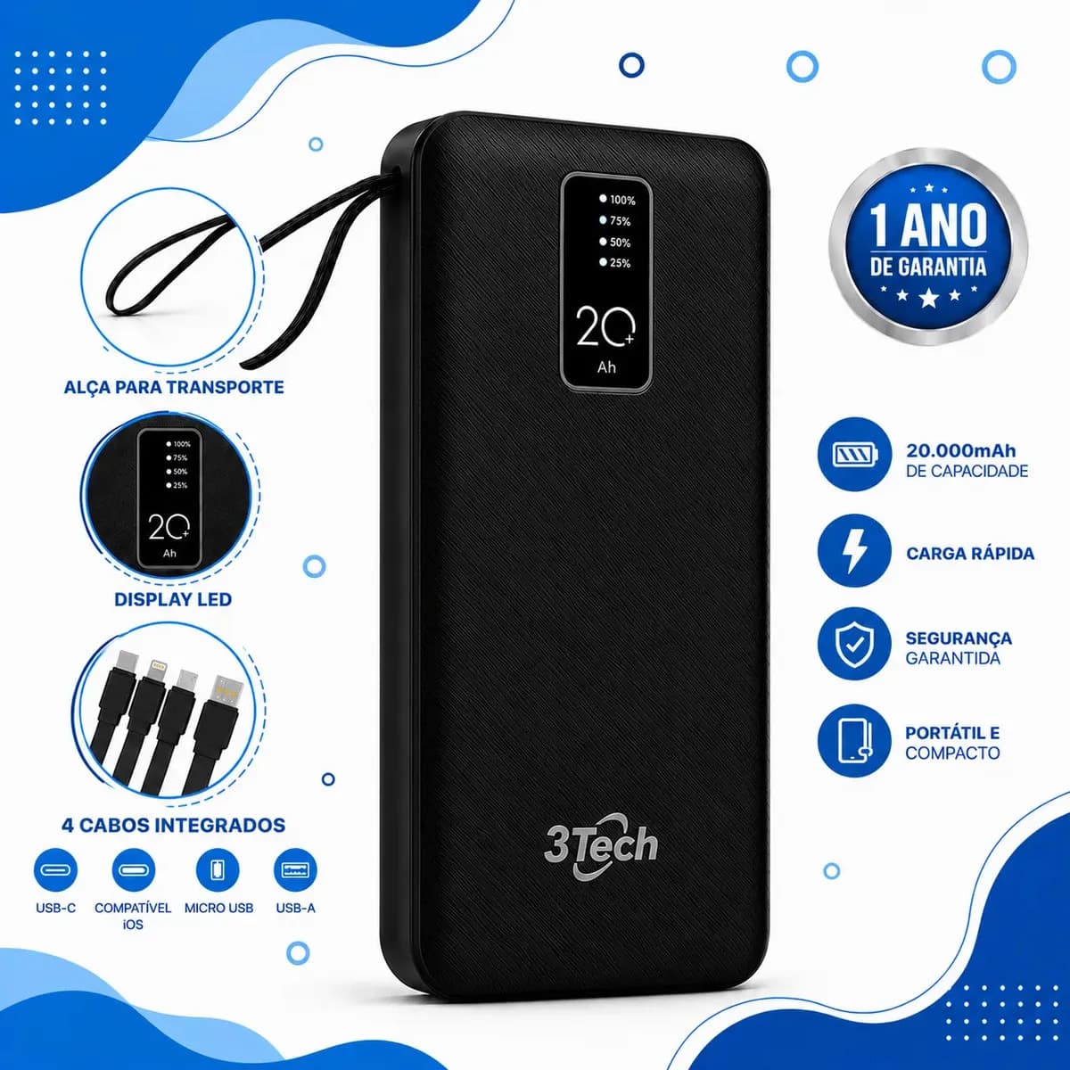 Power Bank 20000mah Carregador Portátil 4 Cabos Integrados Visor Digital Lanterna Led Usb Tipo C Compatível iPhone Samsung Xiaomi Android Bateria Externa Carrega 4 Dispositivos Preto