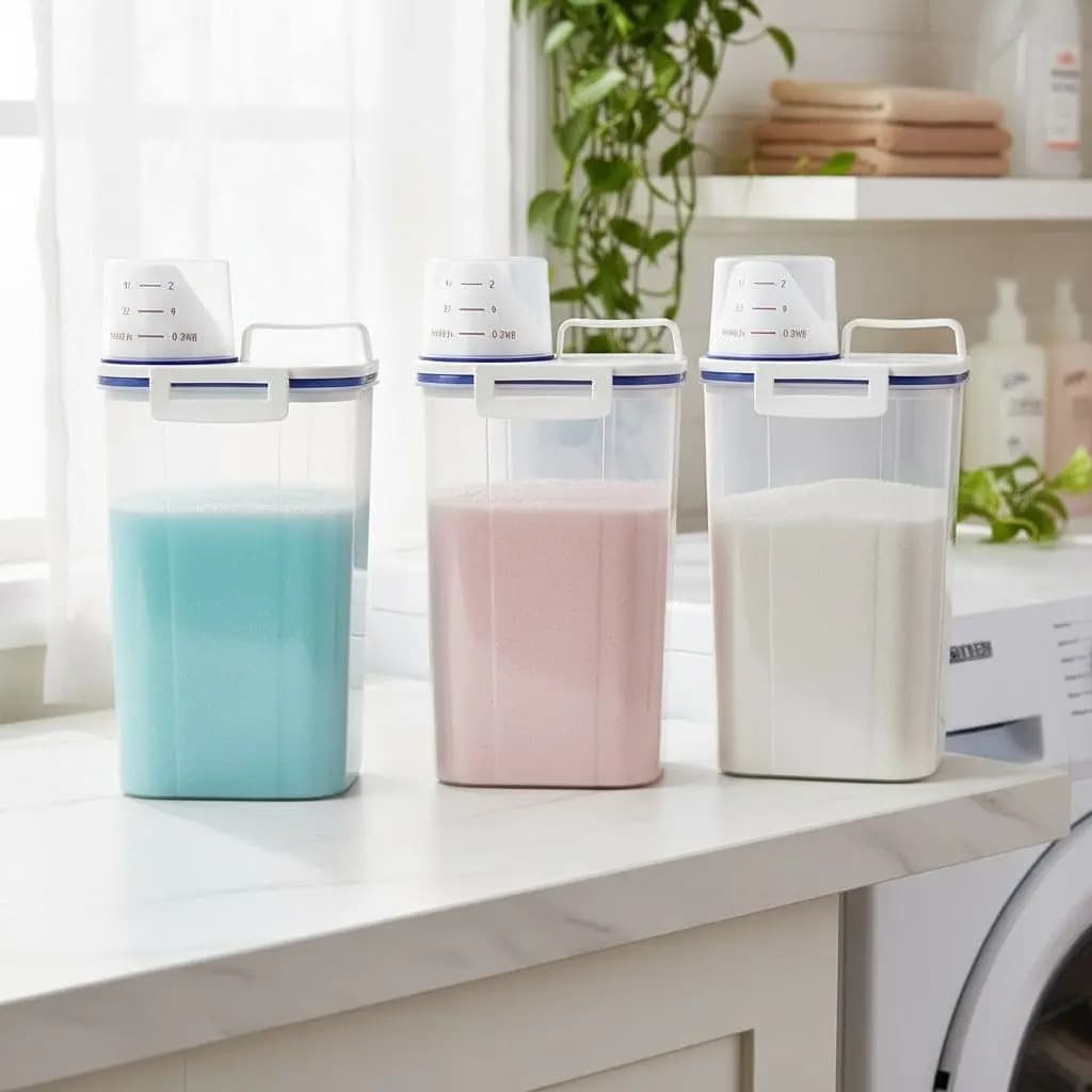 Kit 3 Potes Dispenser Hermético 2l Multiuso Lavanderia Porta Sabão Em Pó Com Copo Medidor Bico Dosador E Travas