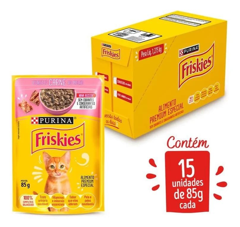 Ração Úmida Gatos Filhotes Friskies Carne 85g Kit 15 Uni