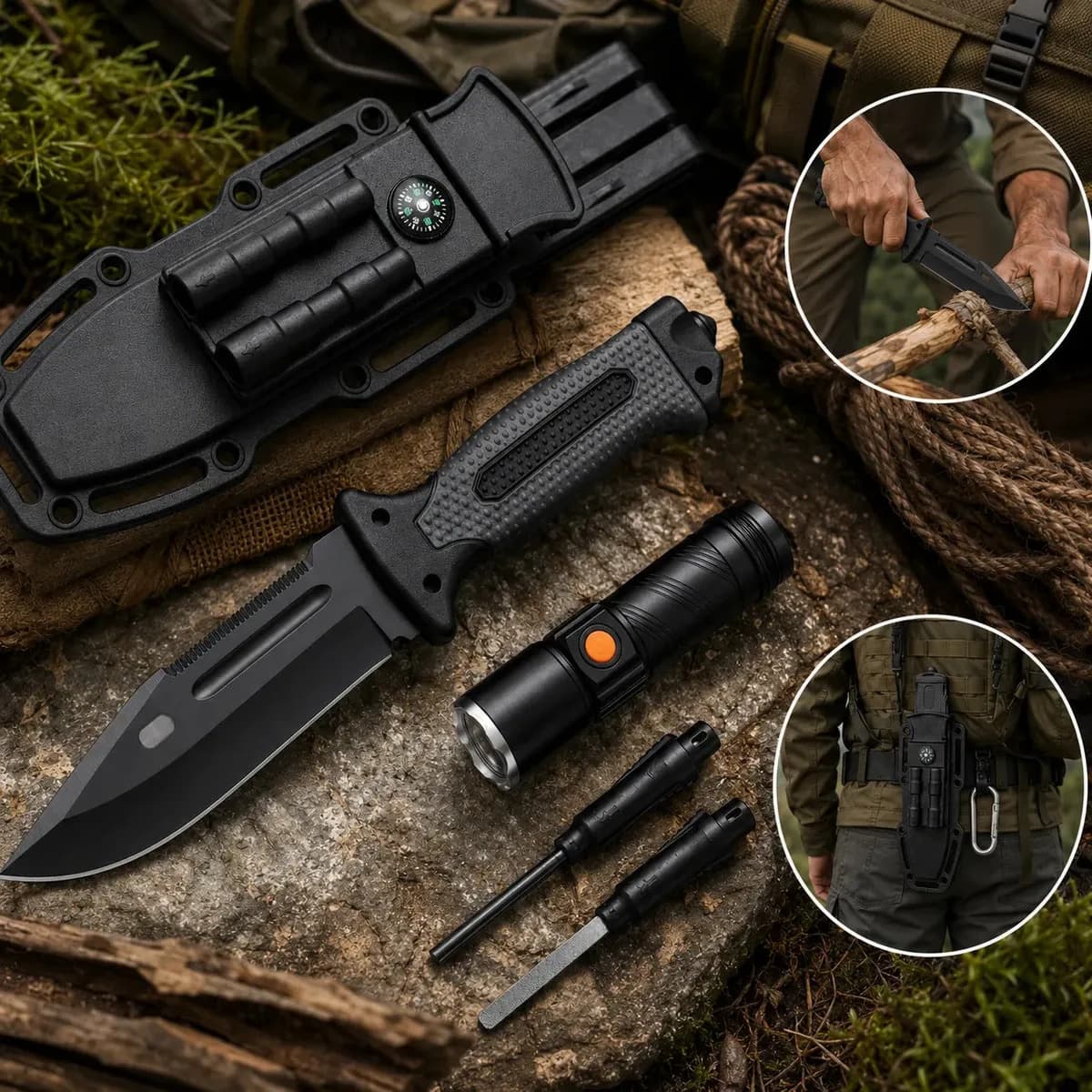 Kit Sobrevivência com Faca Tática de 14 cm, Lanterna e Pederneira