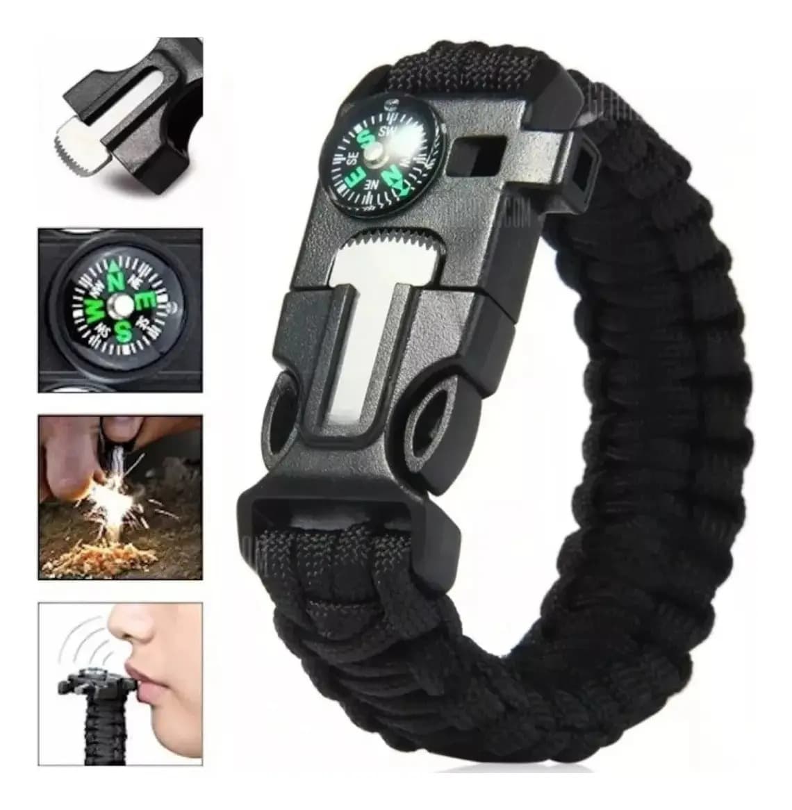 Pederneira Magnésio Bracelete Paracord Apito Bussola Sobrevi