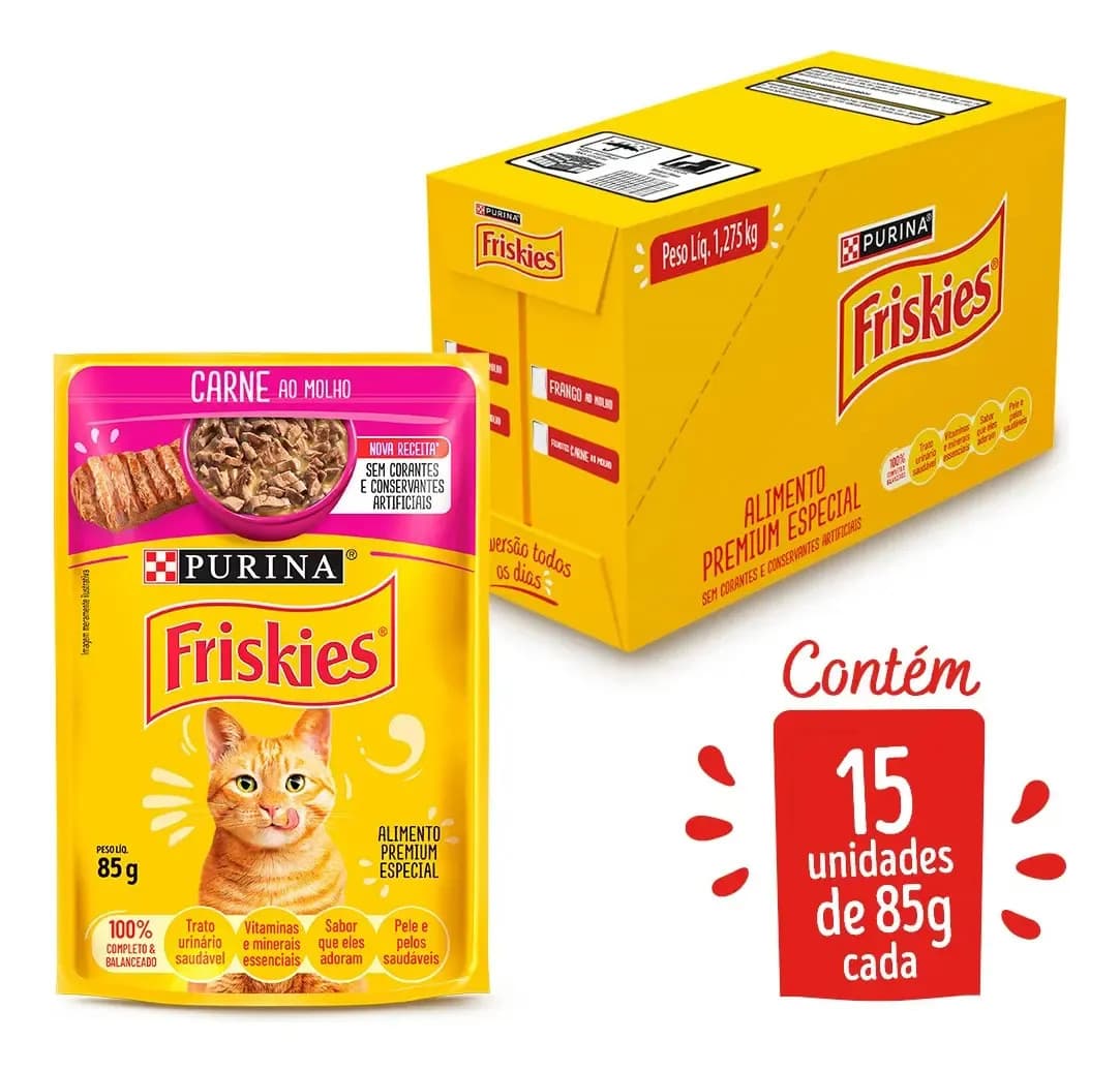 Ração Úmida Sachê Friskies Gato Adulto Carne ao Molho 85g kit c/ 15un