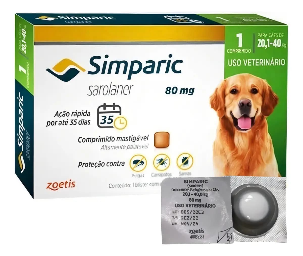 Zoetis Simparic 80mg Antipulgas Carrapatos Cães 20-40kg 1 Comprimido