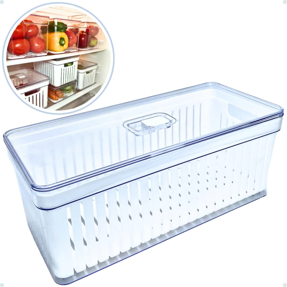Organizador De Geladeira Grande 6,8 Litros Com Tampa E Cesto