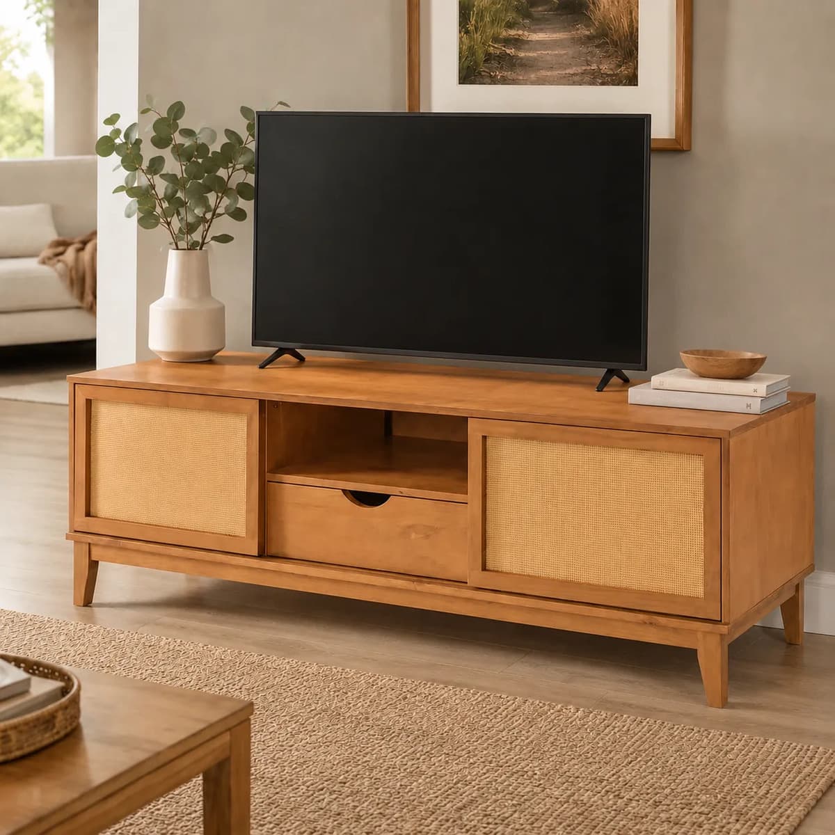 Estante Rack Tv Palhinha Slim 160 Cm Madeira Maciça 1 Gaveta