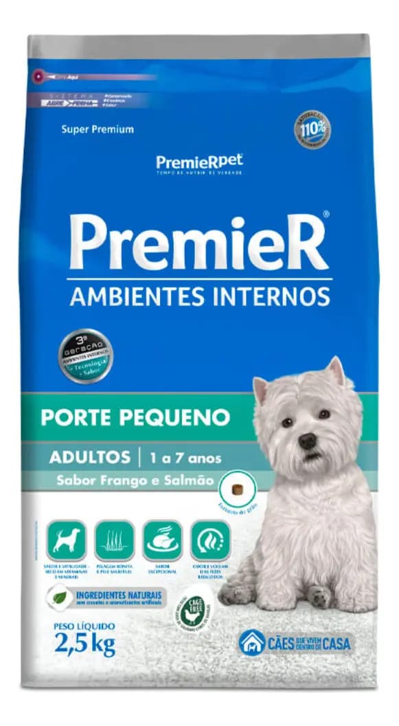 Ração Premier Ambientes Internos Cães Adultos Raças Pequenas Frango e Salmão 2,5 kg