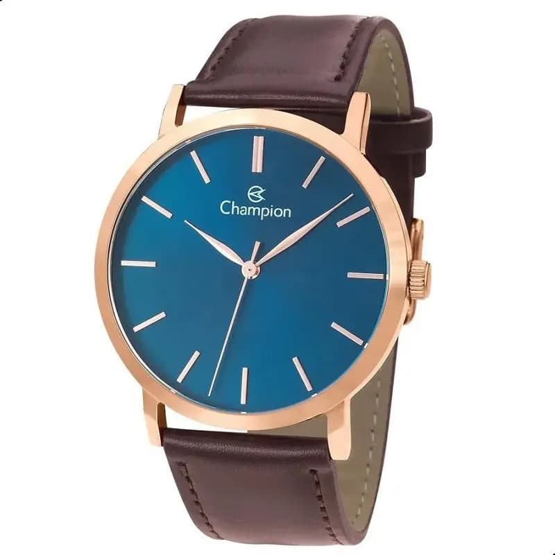 Relógio Champion Masculino Analógico Rose Gold com Pulseira de Couro Marrom e Mostrador Azul