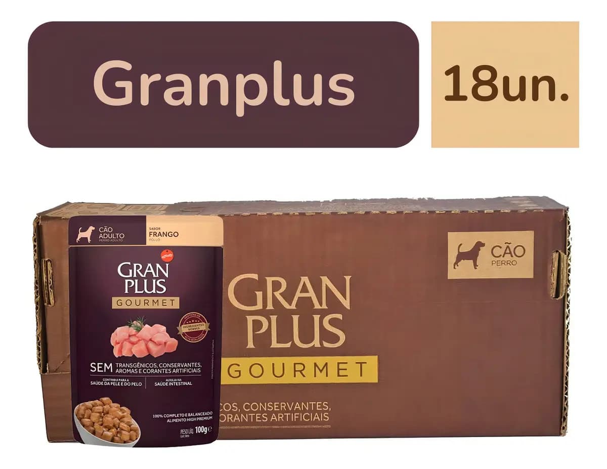 Gran Plus Ração Úmida Frango Cães Adultos 18 Sachês de 100g