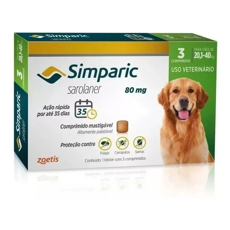 Simparic 80mg Cães 20 A 40kg Pulgas Carrapatos Sarnas 3 Comprimidos