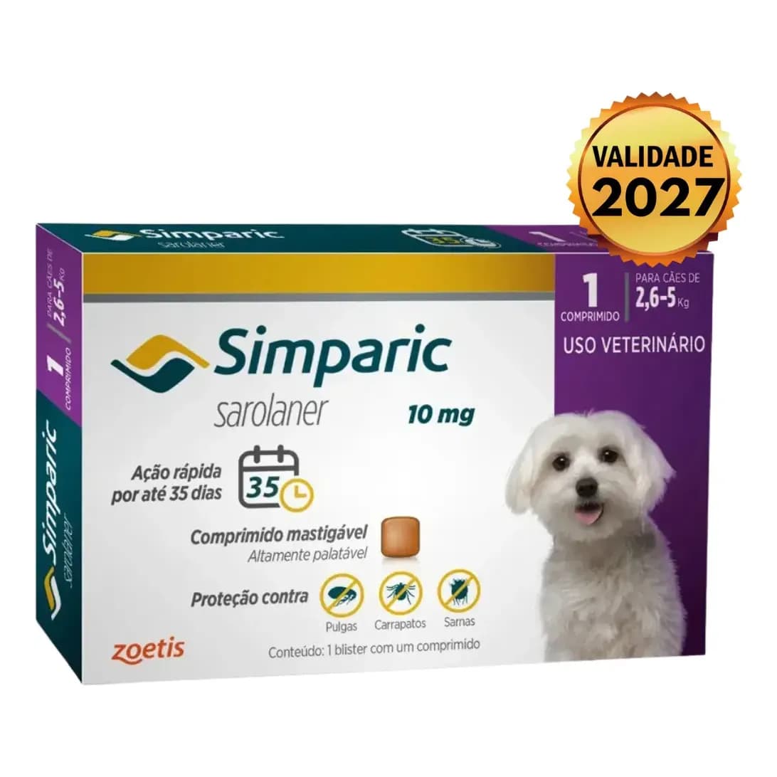 Antipulgas Simparic 10mg Para Cães 2,6 A 5kg 1 Comprimido Violeta-escuro
