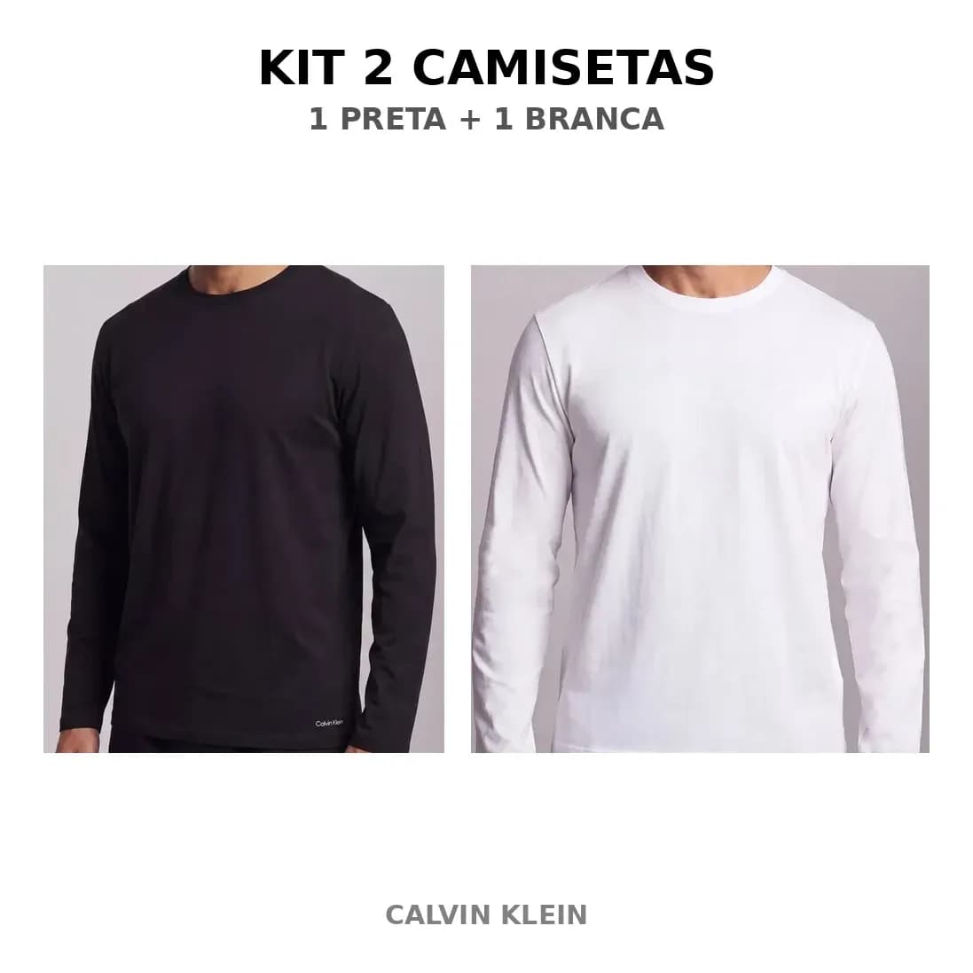 Kit 2 Camisetas Calvin Klein Manga Longa Algodão Blu045 Preto Liso G