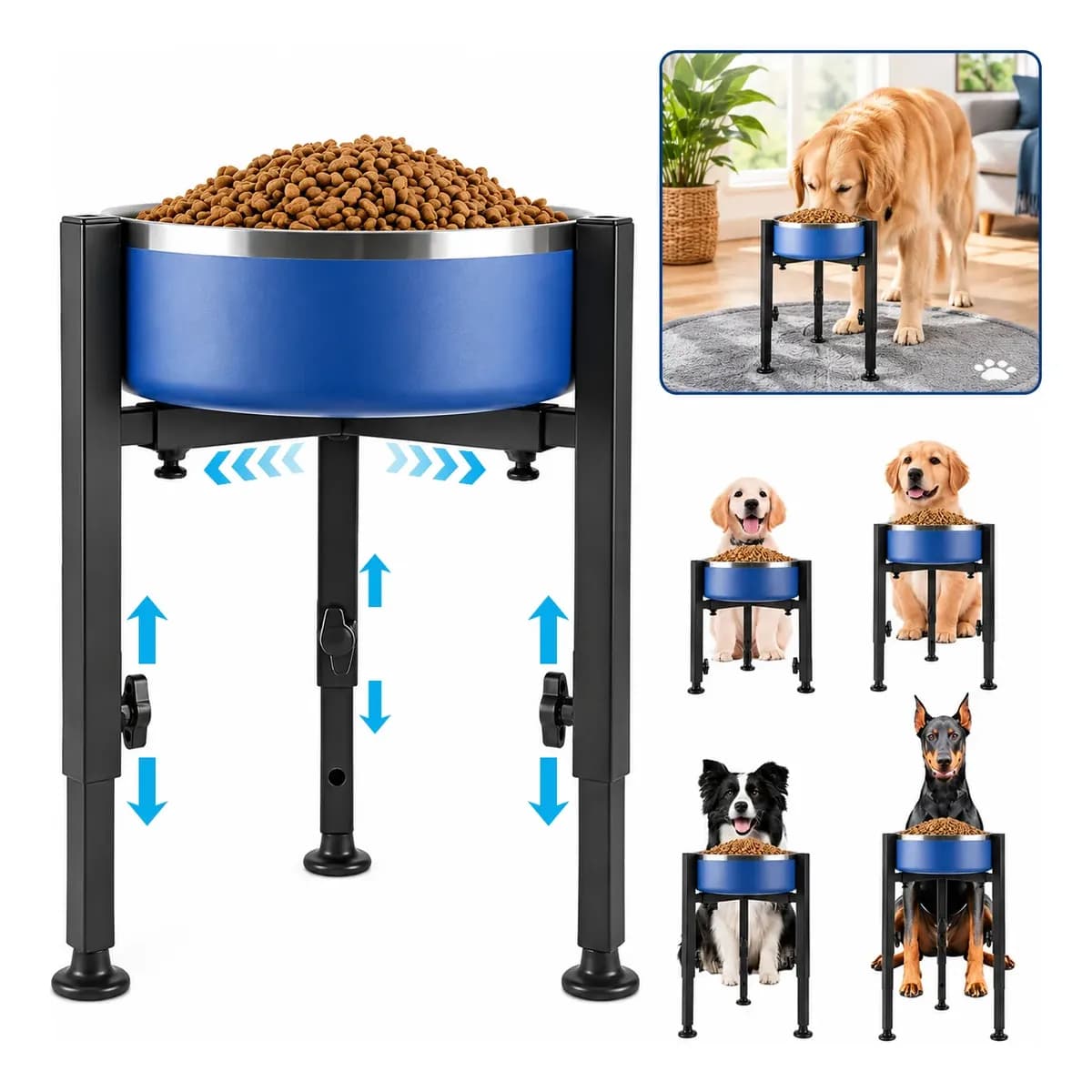 Comedouro Bebedouro Elevado Cachorro Cães Regulável 21 -38cm Para Cães De Porte Pequeno, Médio E Grande Preto