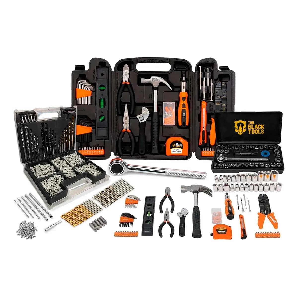 Kit Jogo De Ferramentas 129 Peças Com Jogo De 40 Soquetes Chaves E Kit 300 Peças Brocas E Buchas The Black Tools