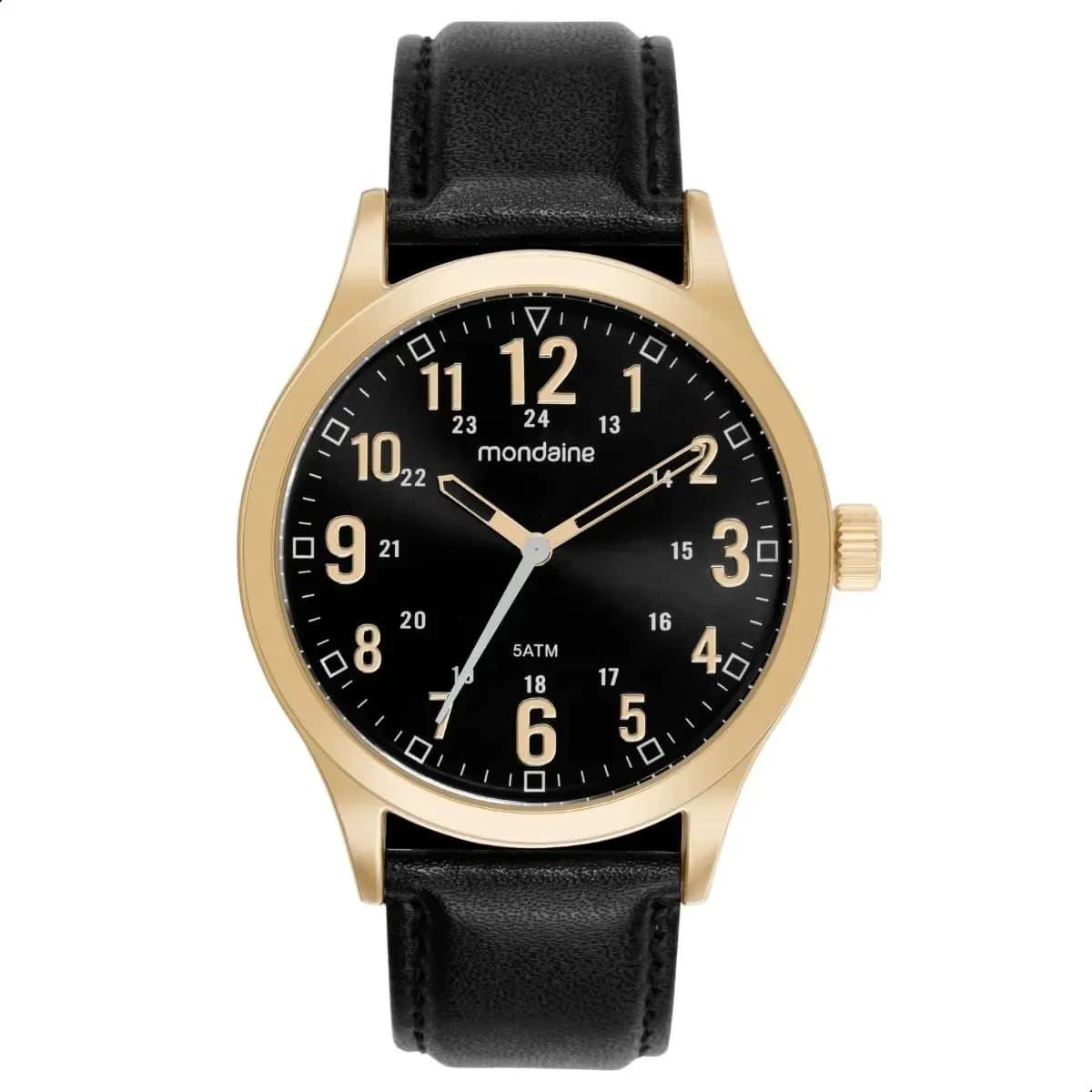 Relógio Mondaine Masculino 99626GPMVDH2 Dourado Analógico Couro Preto Mostrador Preto 5 ATM 50m Cristal Mineral 44mm Casual Social Original