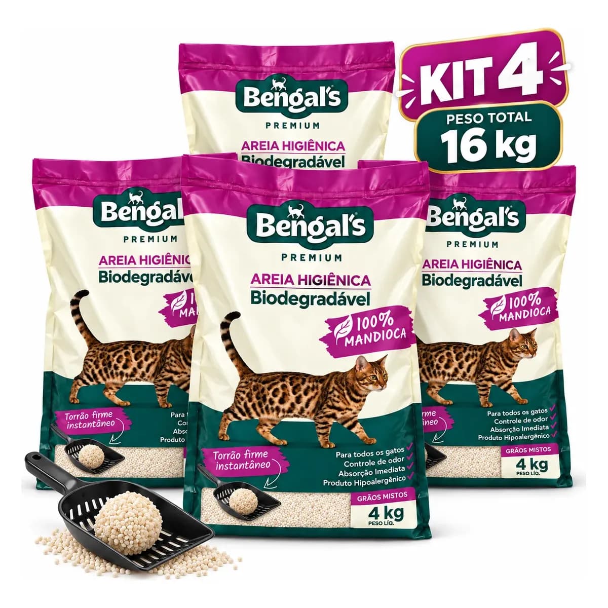 Kit 4 Areia Higiênica Biodegradável Gato Mandioca Mista 4kg