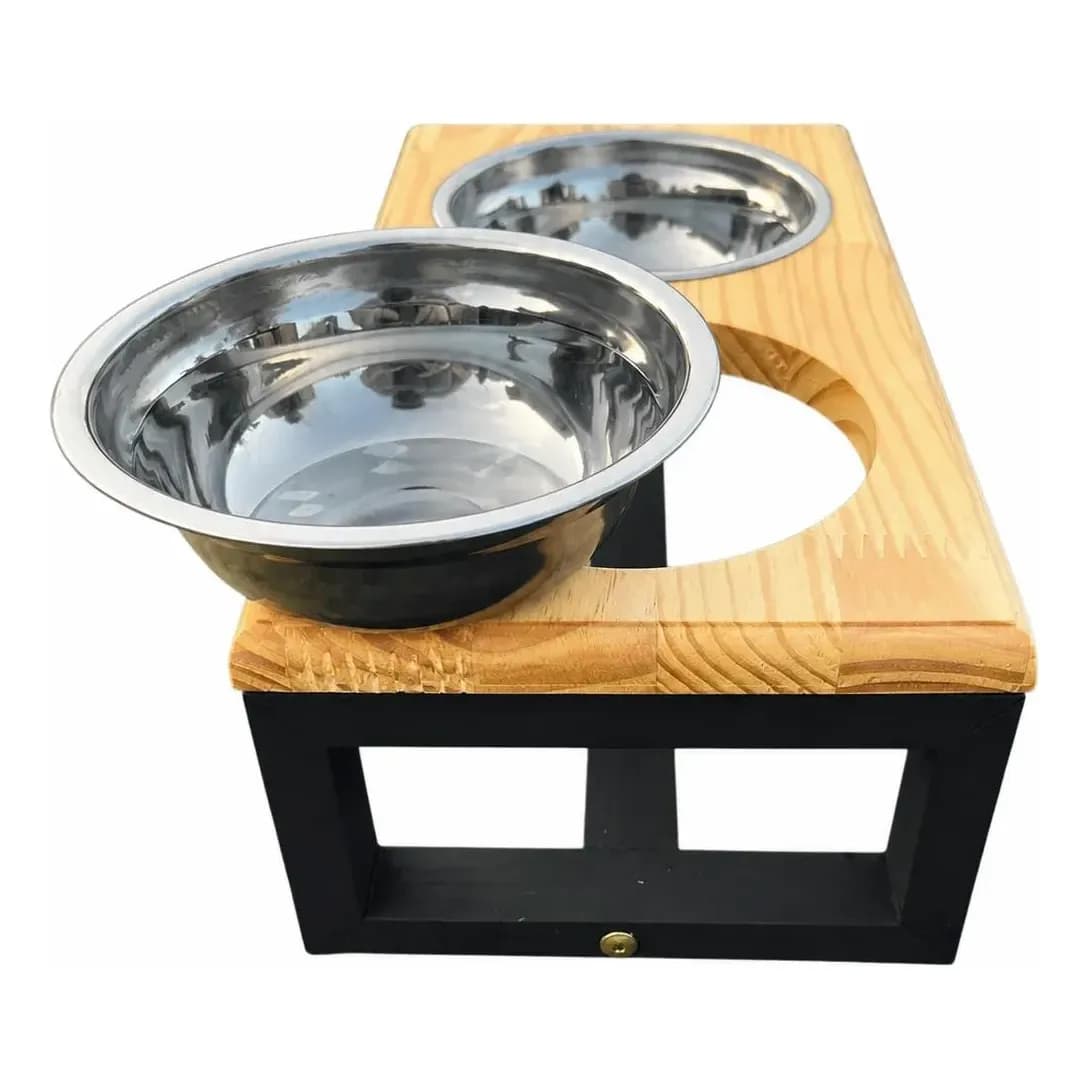Comedouro Pet Elevado Duas Tigelas Inox - Tamanho M Madeira