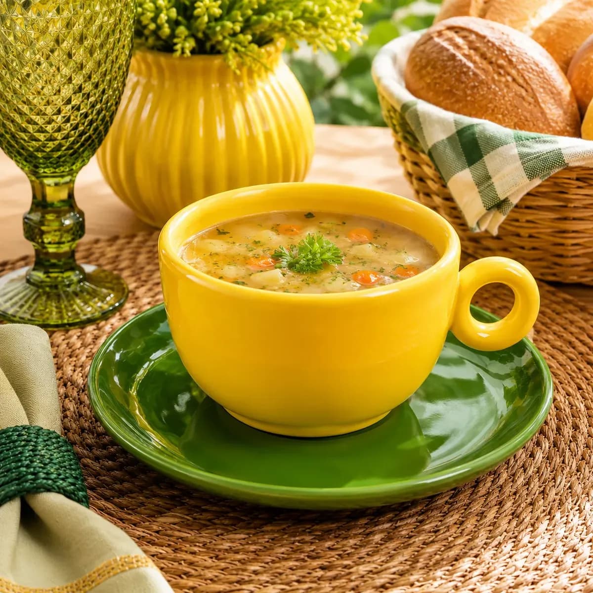 Jogo Sopa 2 Peças Caneca 470ml E Prato De Sobremesa Orgânico Amarelo / Verde Liso