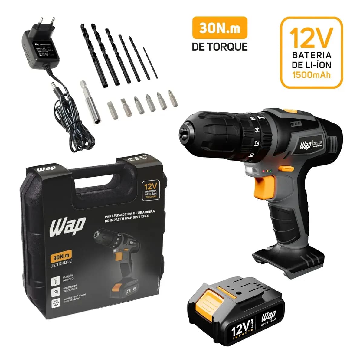 Parafusadeira e Furadeira com Impacto WAP BPFI 12K4 com Led de Iluminação Maleta