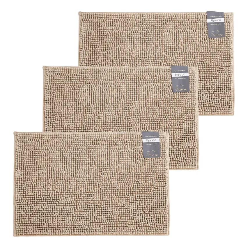 Kit 3 Tapetes Banheiro 40x60cm Antiderrapante Macarrãozinho Bege