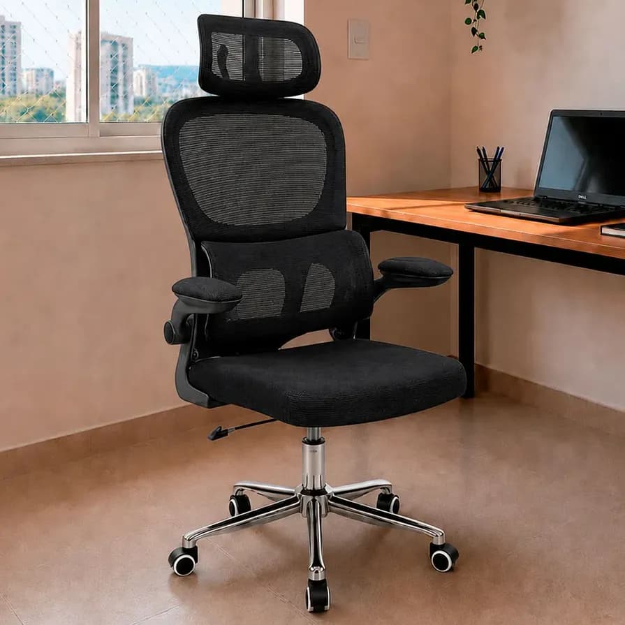 Cadeira Escritório Ergonômica Preta Atlanta Apoio Lombar 3d Preto Espuma