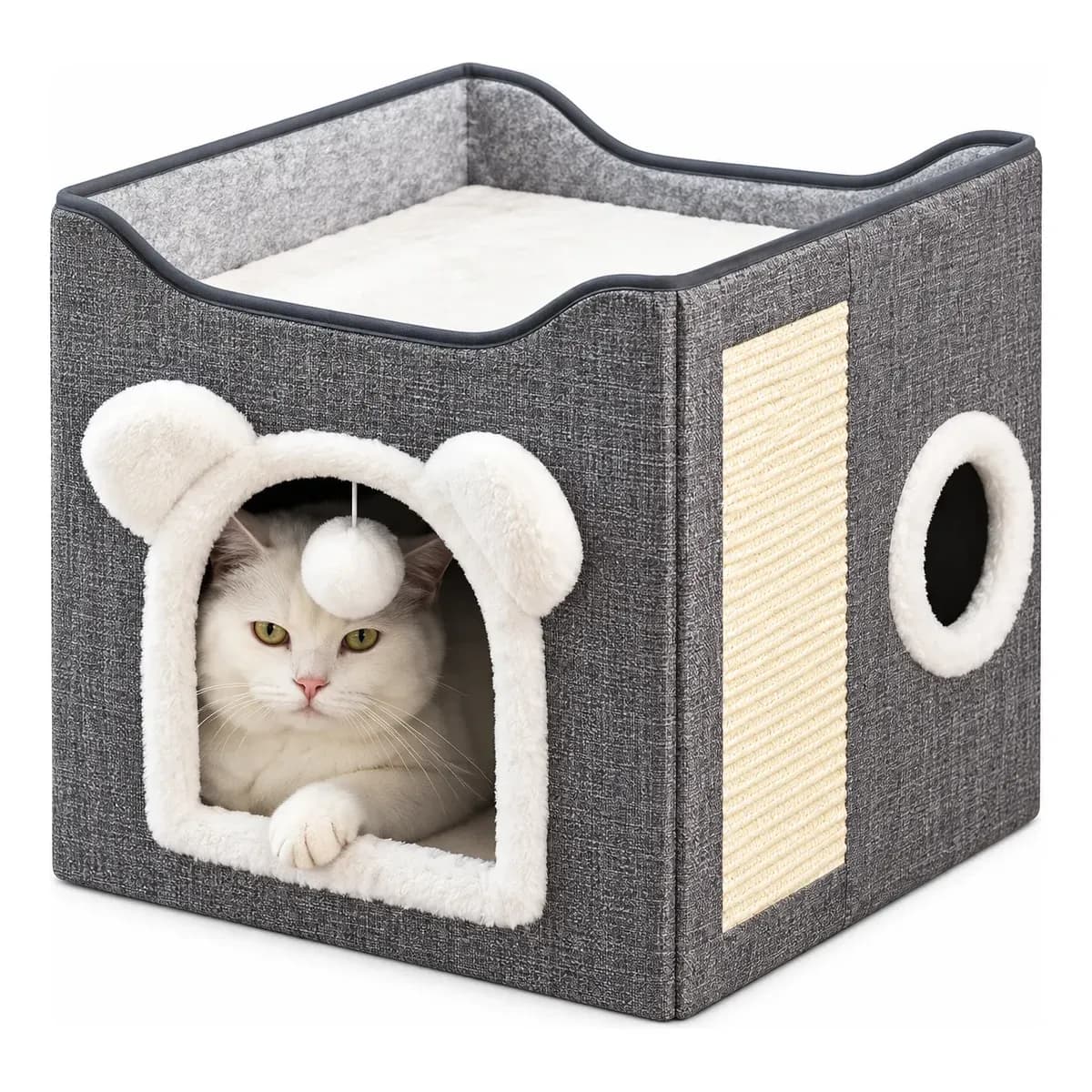 Casinha Para Gatos 2 Andares Dobrável Com Arranhador Premium Cinza