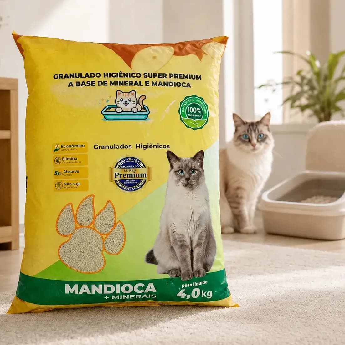 Areia Higiênica Granulado Para Gatos 4kg Mandioca + Minerais Controle De Odores Alta Absorção Econômica Biodegradável Não Suja Patinhas Rende Mais Banheiro Sanitário Pet Super Premium