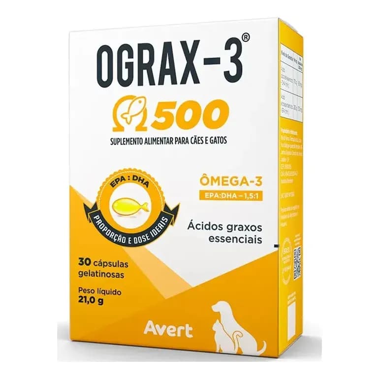 Suplemento Ômega-3 Para Cães E Gatos Avert Ograx-3 500mg 30 Cápsulas