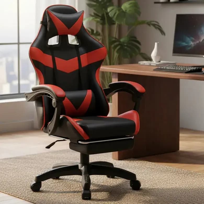 Cadeira De Escritório Gamer Nitro Ergonômica Estofado Couro Sintético Reclinável Altura Ajustável Apoio Para Pés Cor Vermelho Luvinco