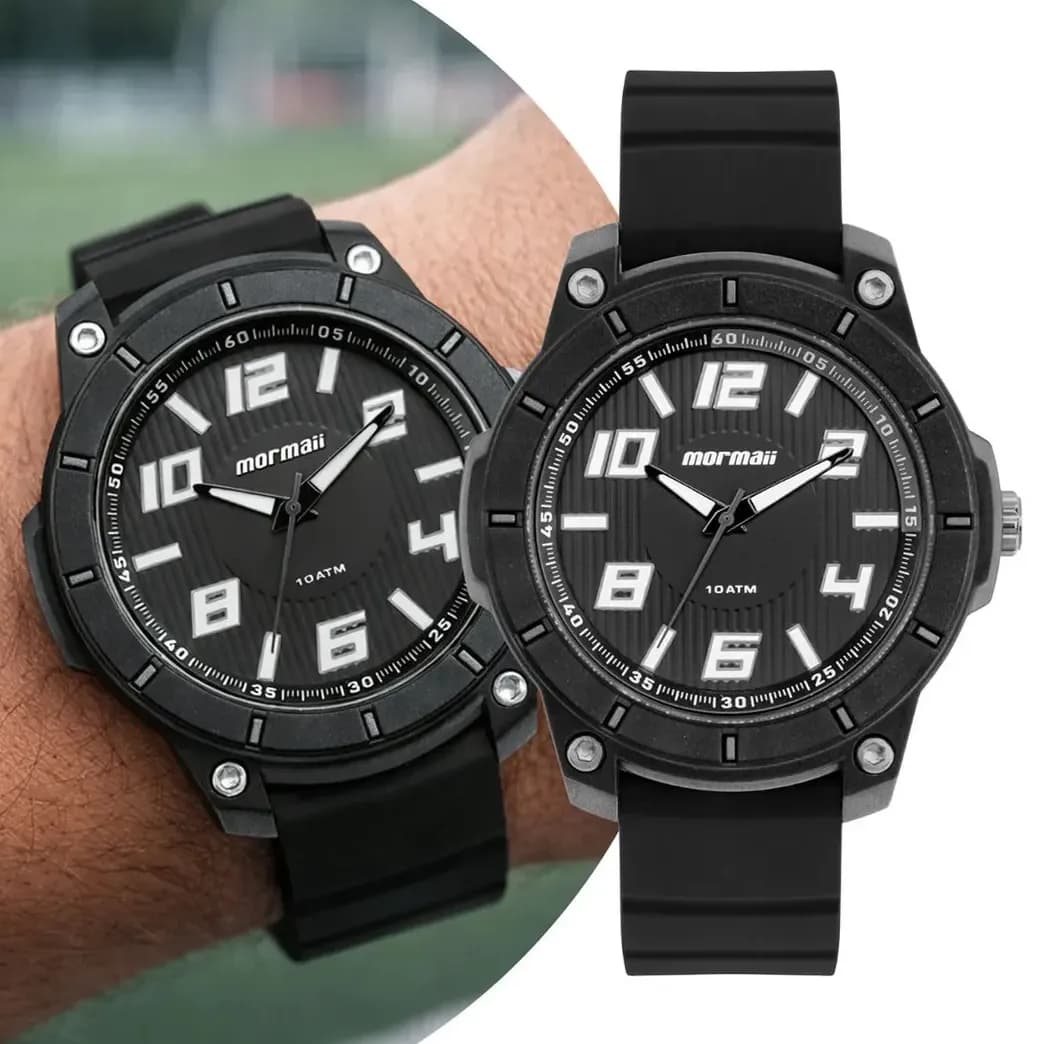 Relógio Analógico Mormaii Masculino Preto, com Pulseira de Silicone e Resistência à Água 100m