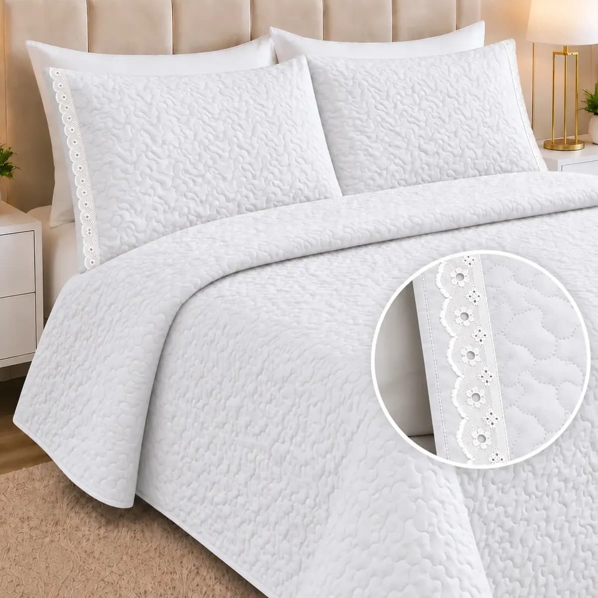 Kit Cobre Leito Casal Dupla Face Colcha 3 Peças 200 Fios Branco