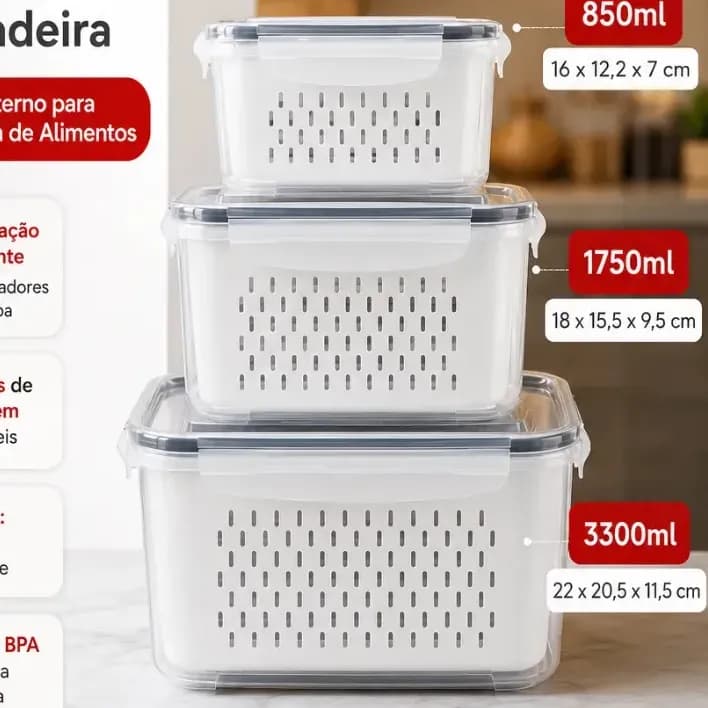 Kit 3 Organizadores Geladeira Alimentos Legumes Verduras Frutas Transparente Com Tampa Trava Hermético Escorredor - Starhouse
