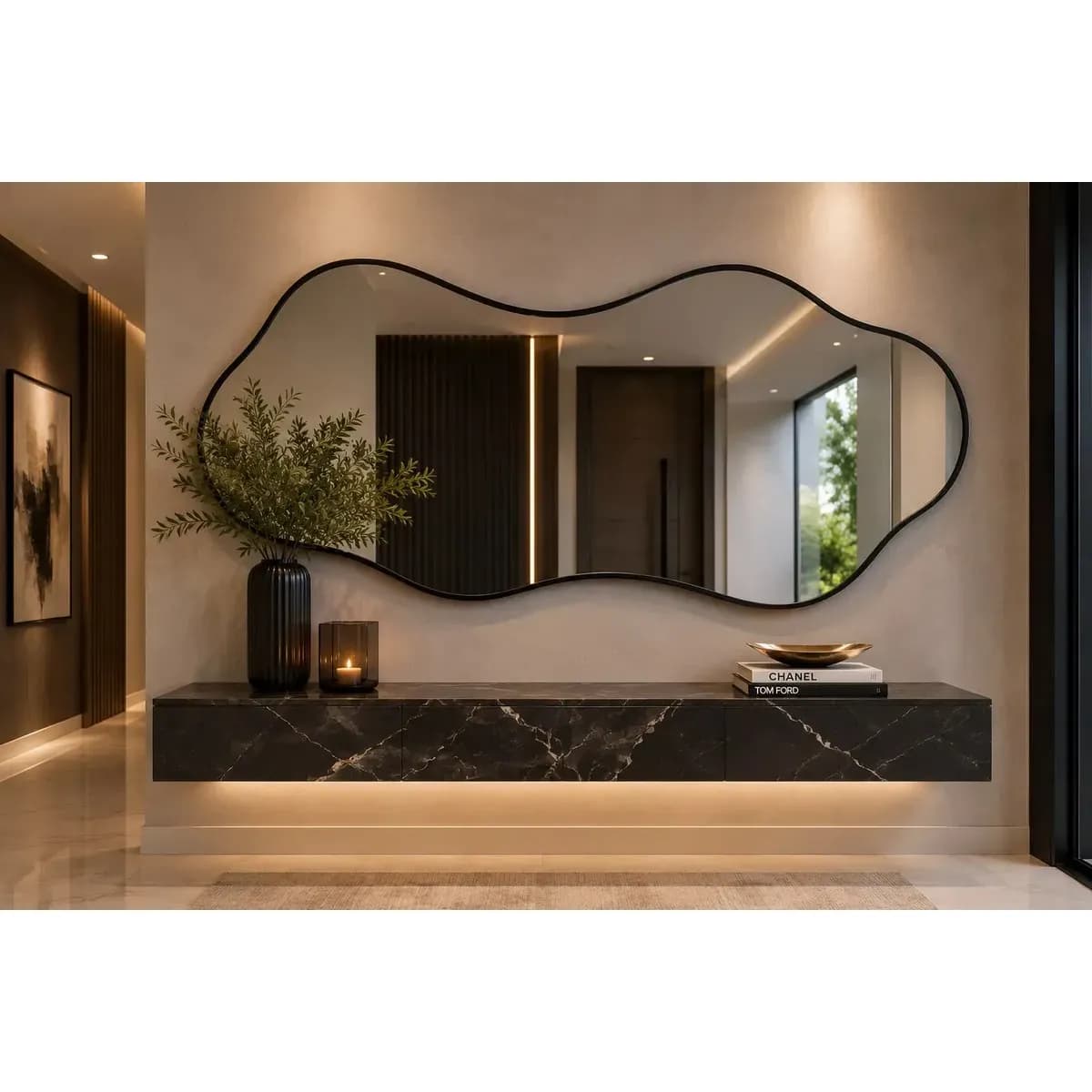 Espelho Orgânico grande com Moldura Lapidado 100x50 Preto