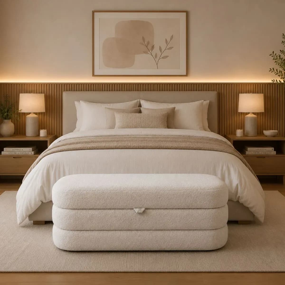 Banco Recamier Puff Baú Finy 138cm Calçadeira Cama Casal Box Off White Bouclé Bouclé