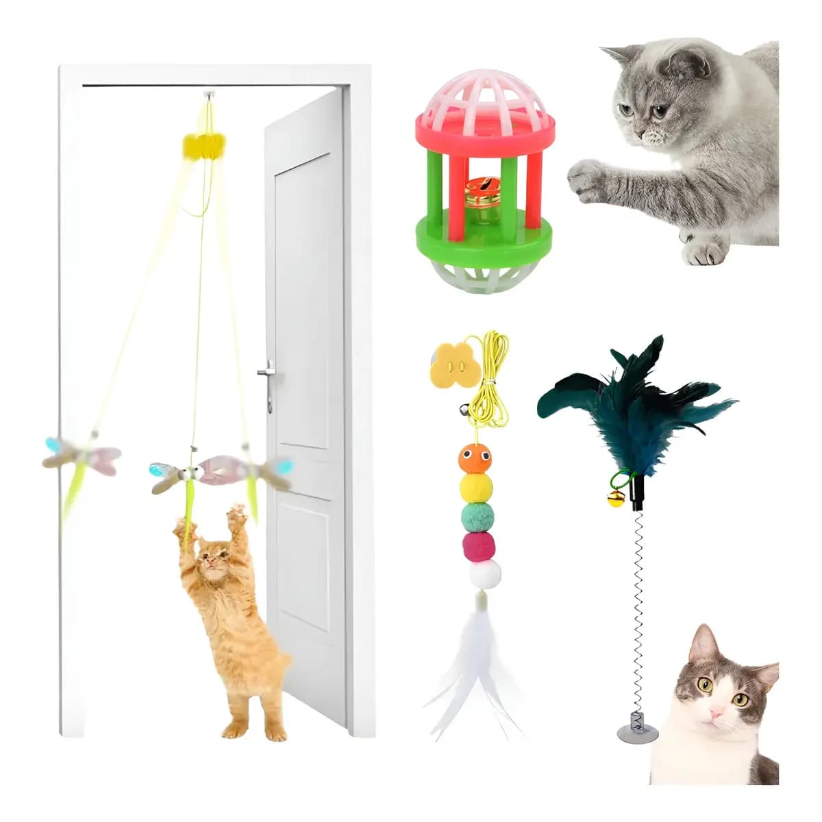 3 Brinquedo Para Gato Elástico Pendura Porta Ratinho Mola Colorido