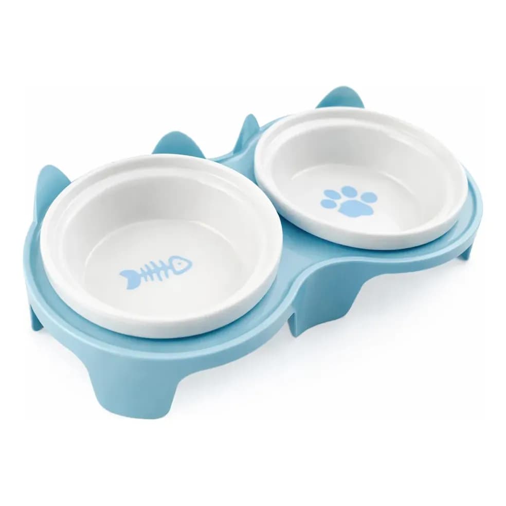 Comedouro Bebedouro Duplo Elevado Tigela Cerâmica Gatos Cães 0v Azul-celeste