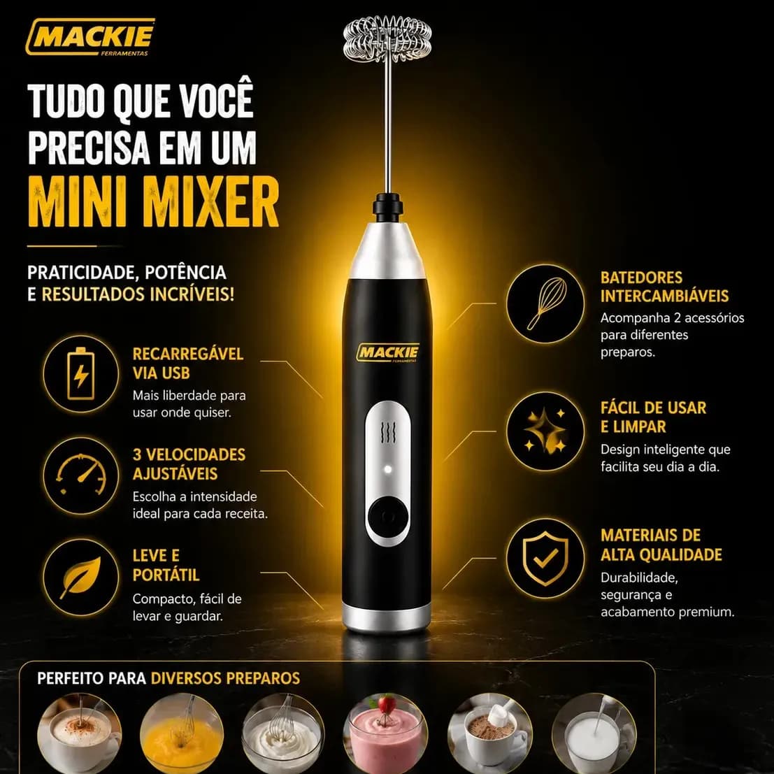 Mini Mixer Elétrico Portátil Misturador De Bebidas Café Leite Cappuccino Whey Protein Shake Ovos Espumador Batedor Fouet Inox Compacto Cozinha Drinks Mackie Ferramentas