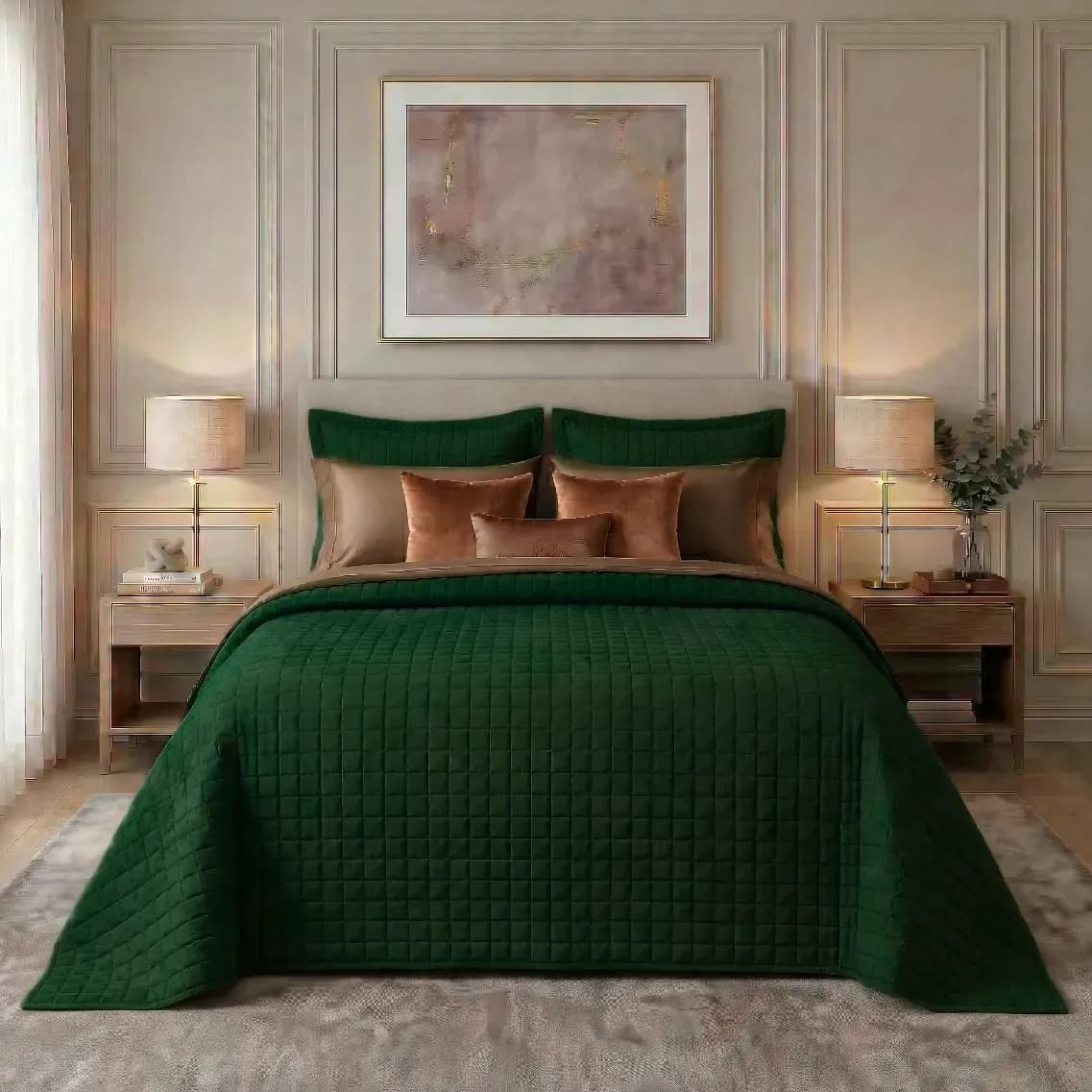 Colcha Cobre Leito Lisa Matelada Dupla Face Microfibra 3 Pçs Verde-escuro