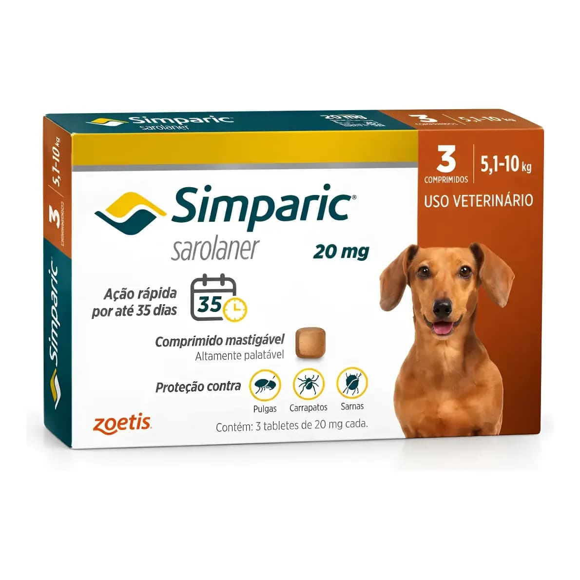 Simparic 20mg Antipulgas Cães 5 A 10kg 3 Comprimidos Zoetis