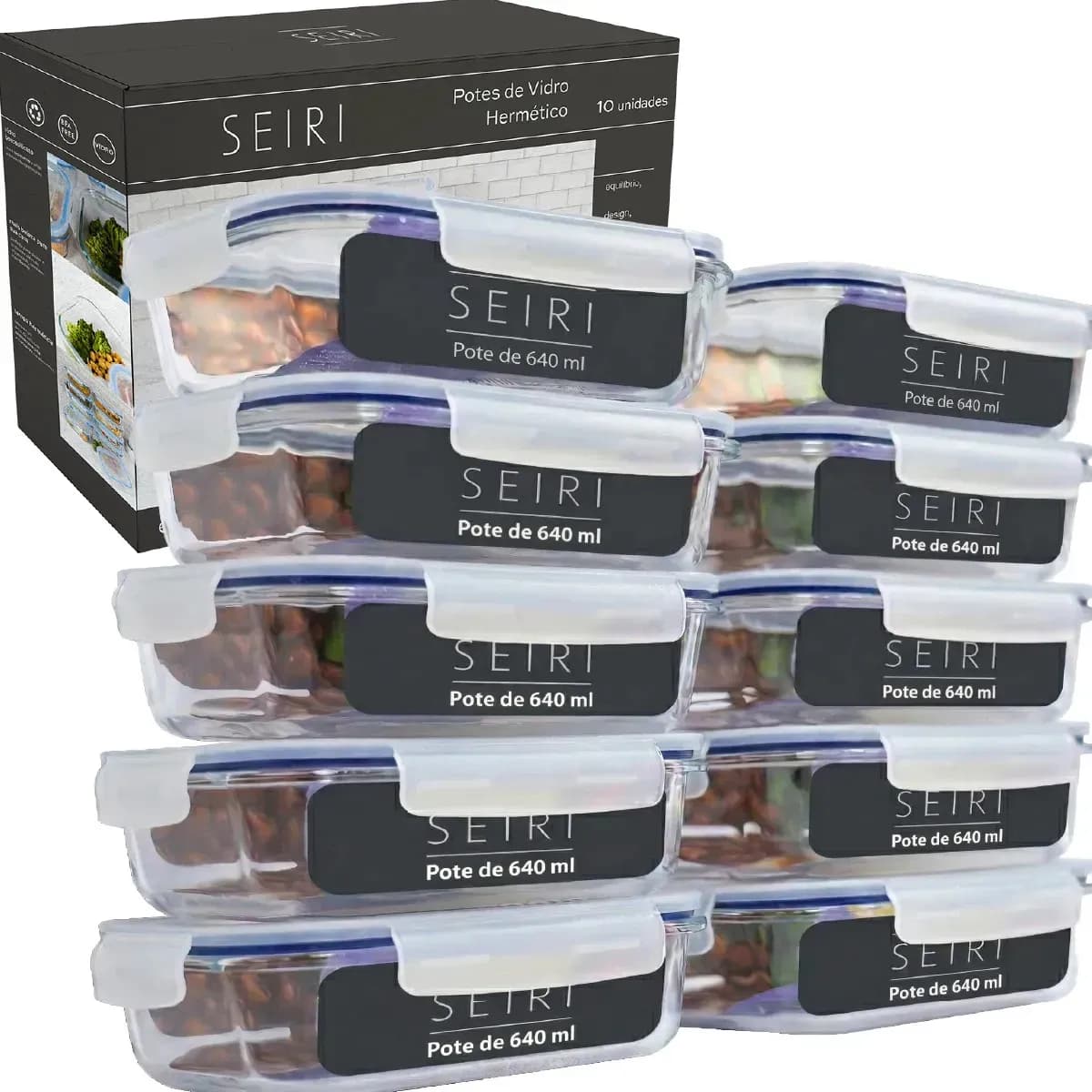 Kit 10 Pote De Vidro Marmita Hermético 640ml Freezer Fitness Borossilicato 4 Travas Micro-ondas Azul-Escuro