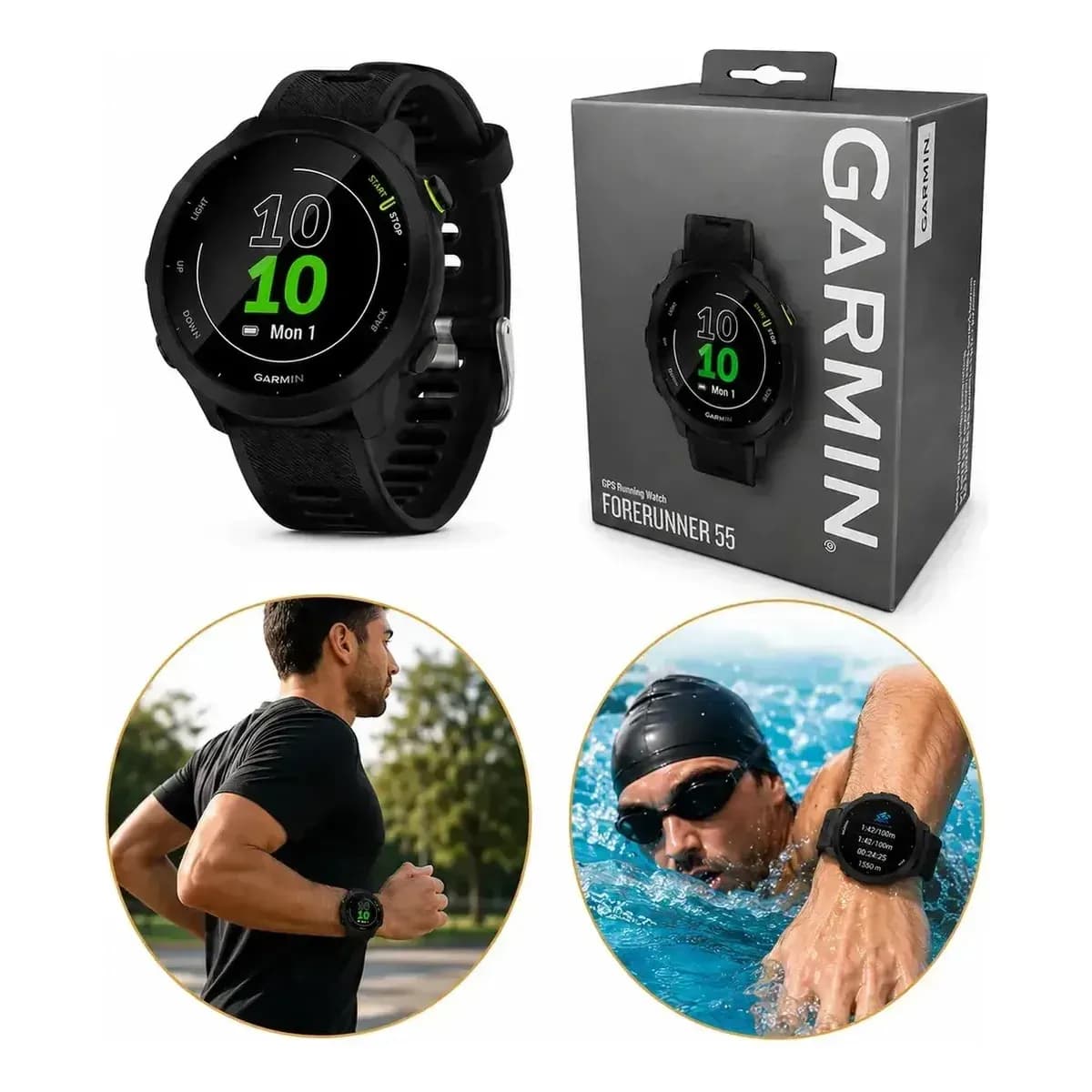 Relógio Garmin Forerunner 55 Monitor Cardíaco Gps 42mm Preto Corrida Caminhada Ciclismo Natação Monitoramento Sono Pace Calorias Distância Cronômetro Resistente Leve Esportivo Unissex Com Gps Rápido