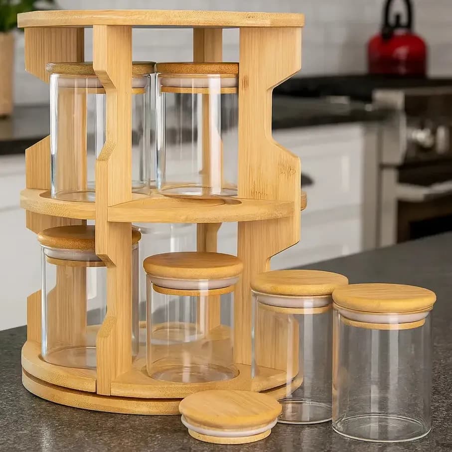 Conjunto Porta Condimentos Giratório Organizador De Temperos Marrom-claro