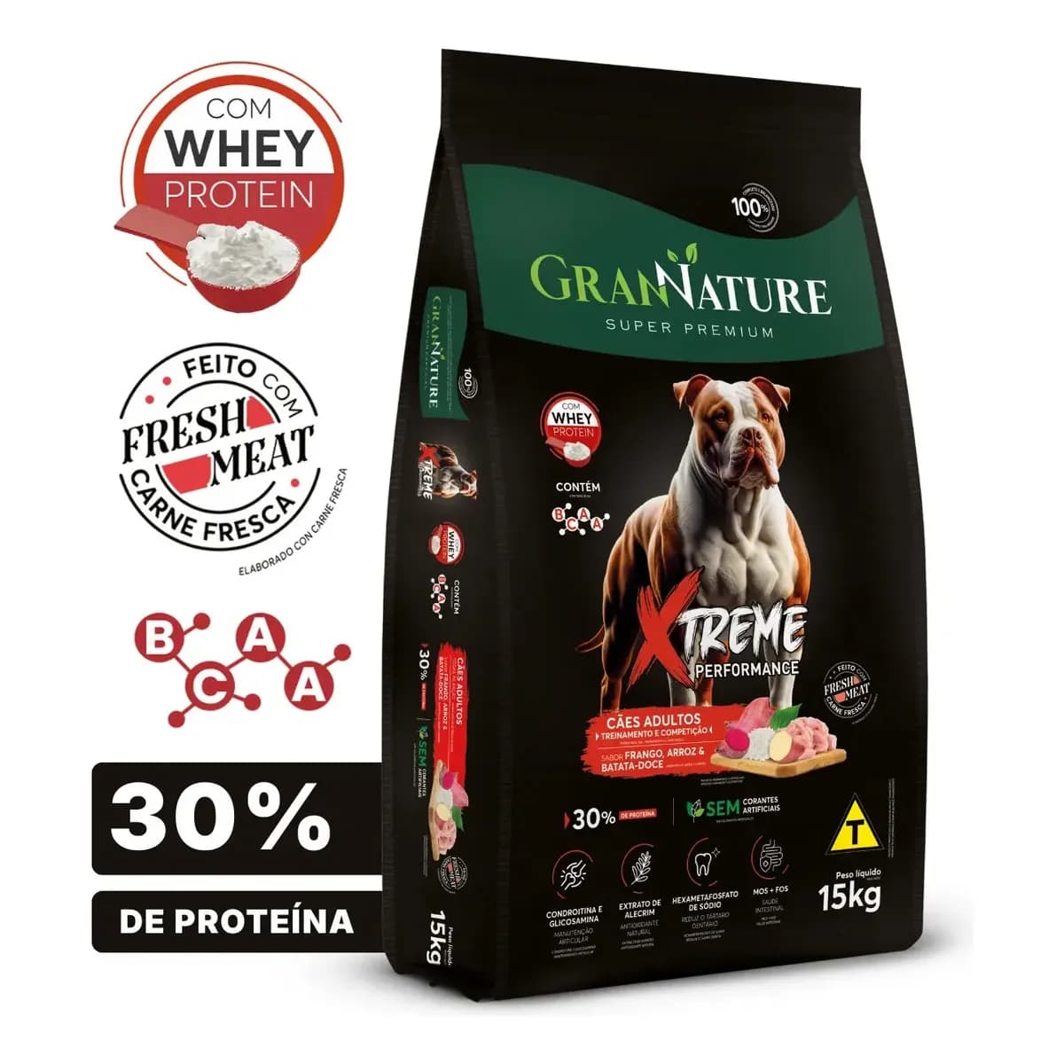 Ração Whey Protein Grannature Xtreme Alta Performance 30% Proteína para Cães Adultos raças Médio E Grande Porte Alimento Seco Sabor Frango Super Premium Com Bcaa Sem Corantes Saúde Articular 15kg