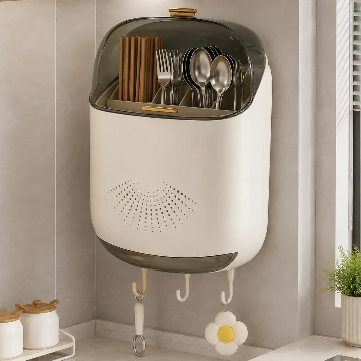 Porta Talheres De Parede Com Tampa Organizador Cozinha Sem F Branco